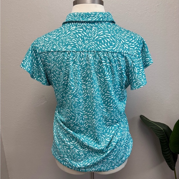 Chico's Blue & White Ruffled Polo Blouse - Size 12 - Picture 2 of 3